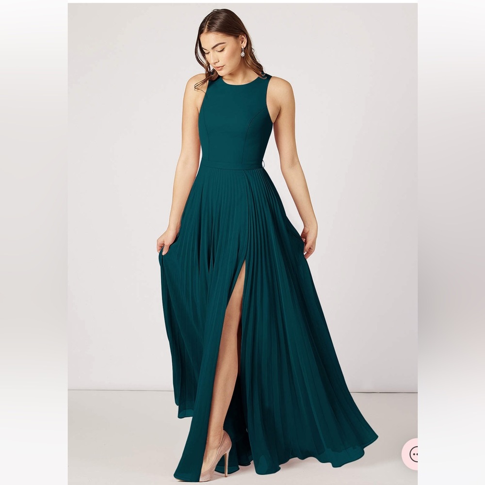 Azazie Lindie A-Line Pleated Chiffon Floor-Length Dress Pine